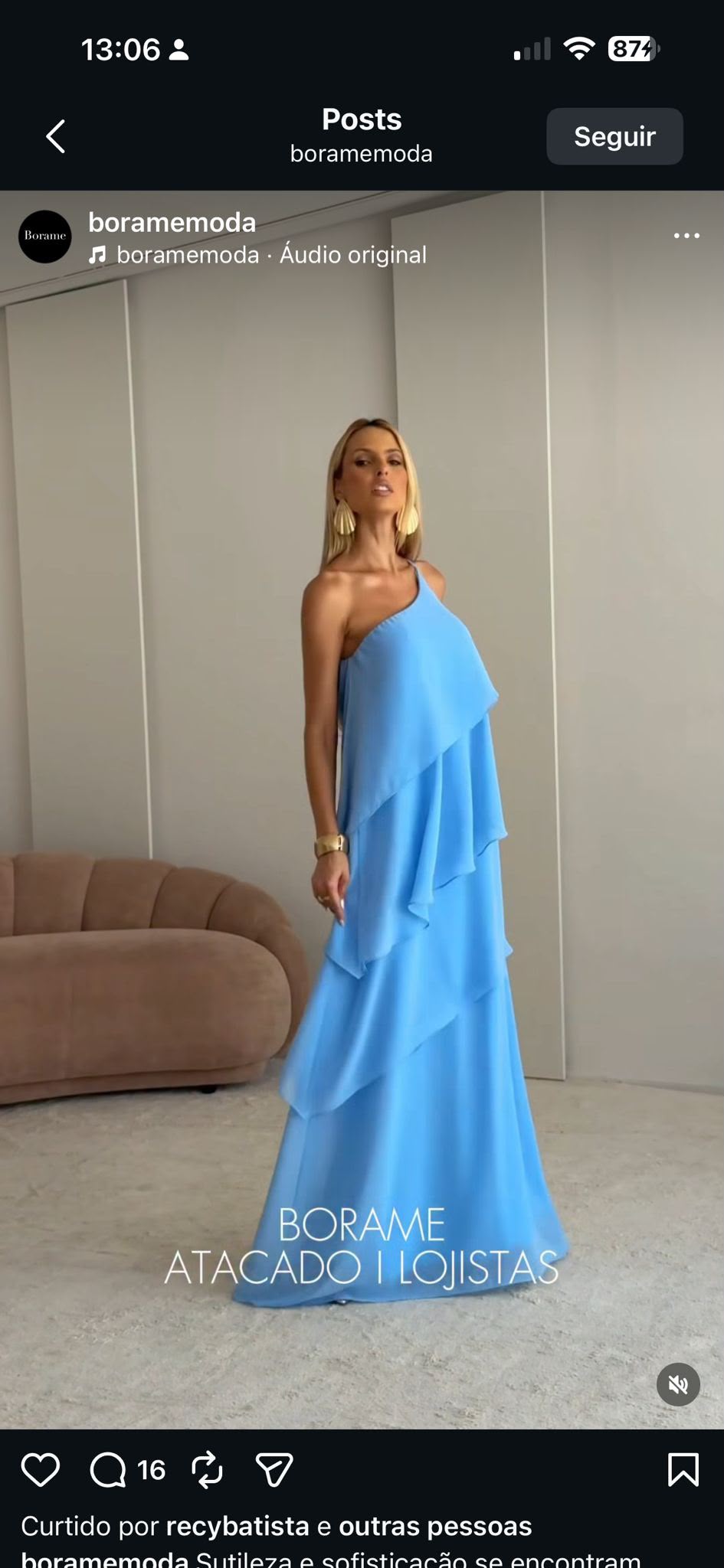 Vestido Longo Um Ombro Só com Camadas –Azul Celeste
