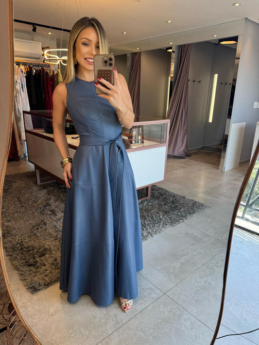 Vestido Longo em Efeito Couro - Azul Petróleo