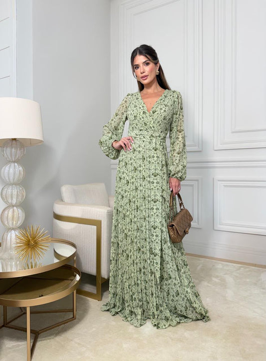 Vestido Longo Plissado Floral – Verde Musgo