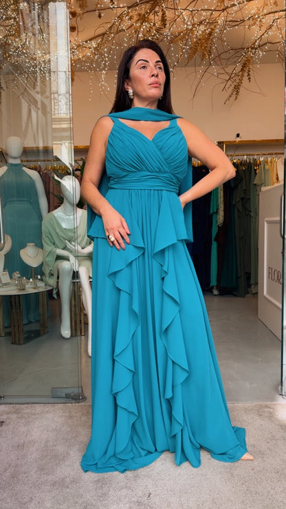 Vestido Longo de Festa em Chiffon Fluido com Babados em Cascata