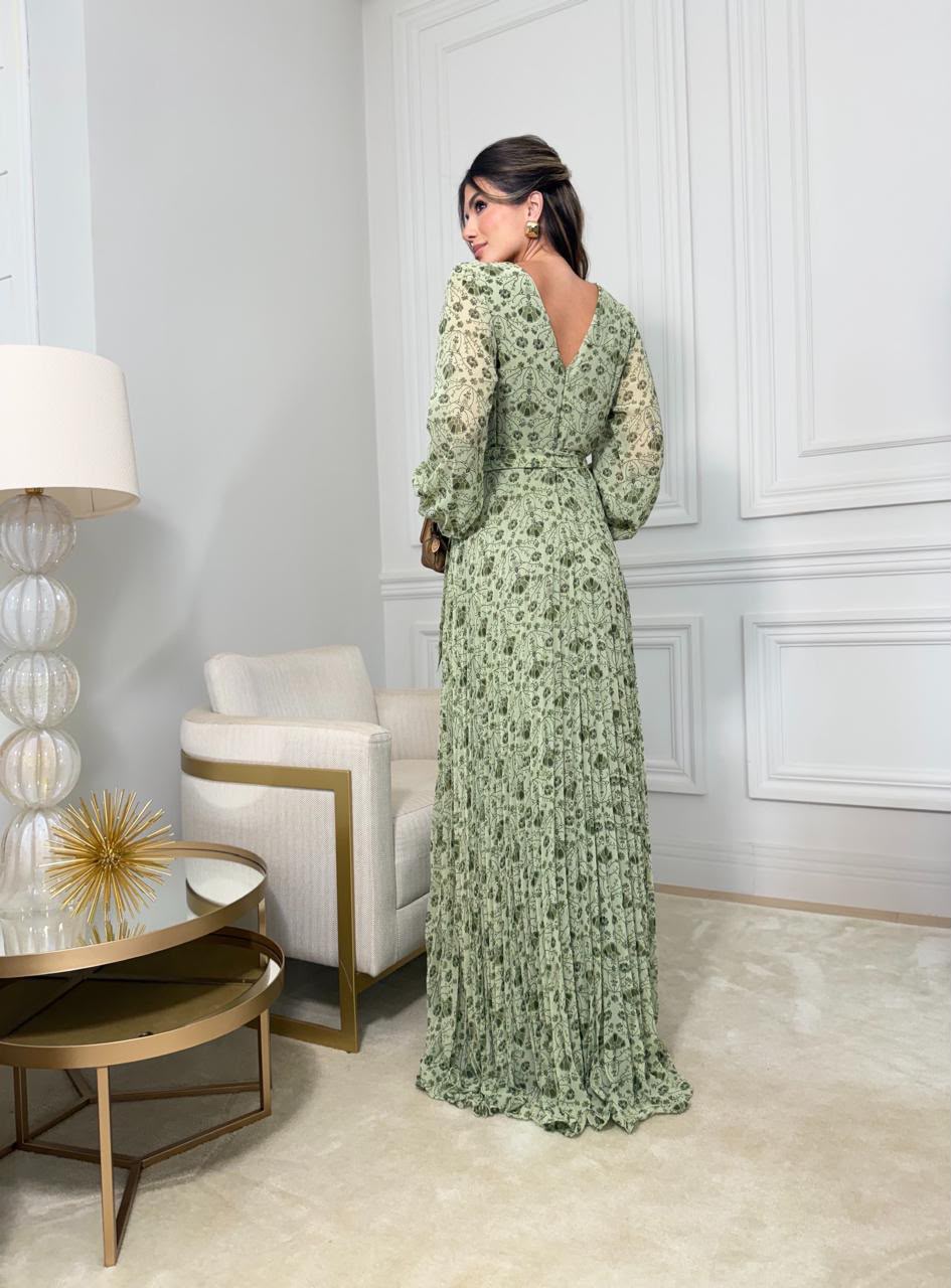 Vestido Longo Plissado Floral – Verde Musgo