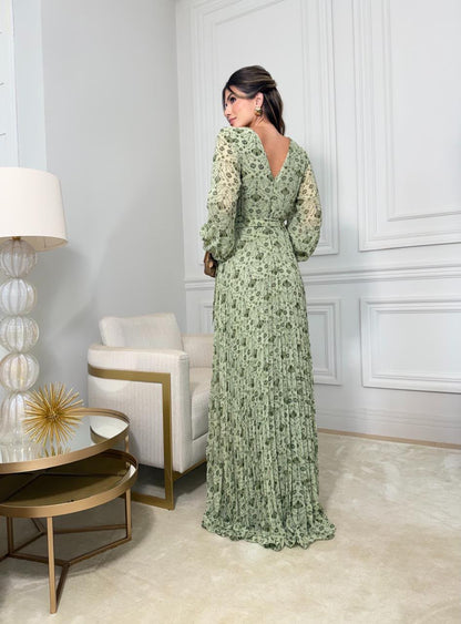 Vestido Longo Plissado Floral – Verde Musgo