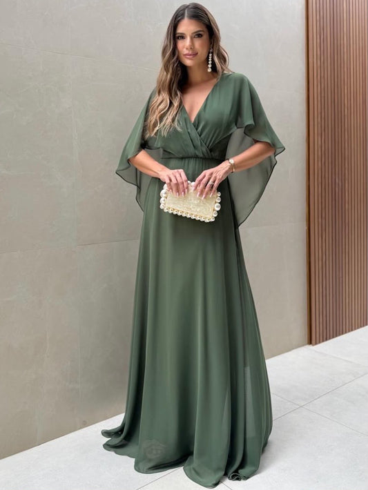 Vestido Longo Chiffon com Decote em V e Mangas Capa