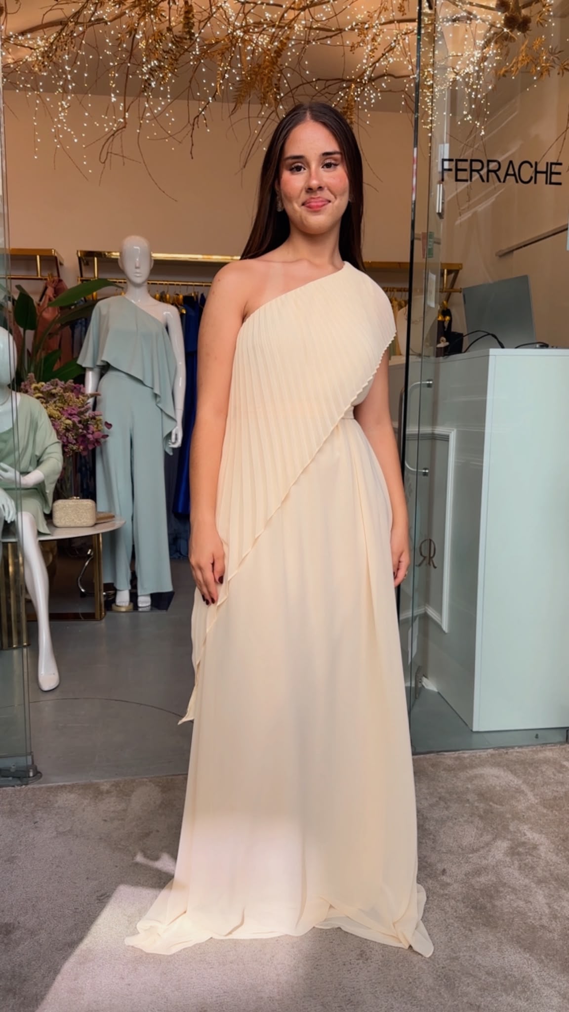 Vestido Longo de Festa Um Ombro Só com Sobreposição Plissada