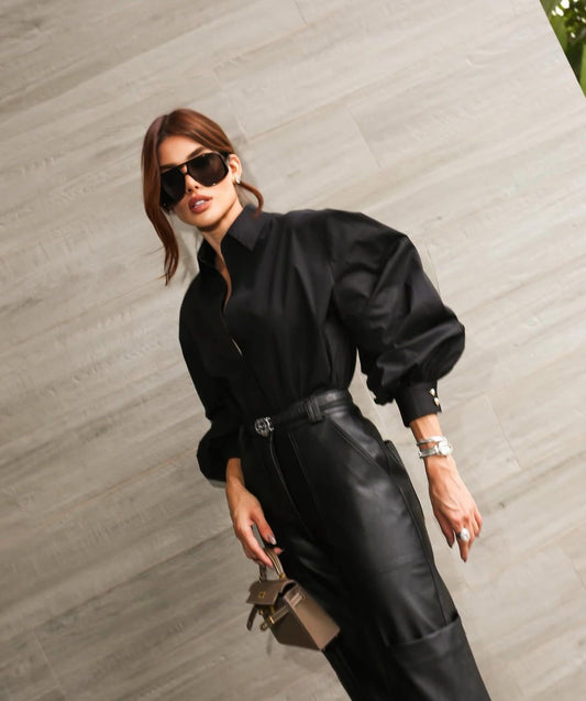 Camisa Oversized com Mangas Bufantes - Cor Preto Clássico