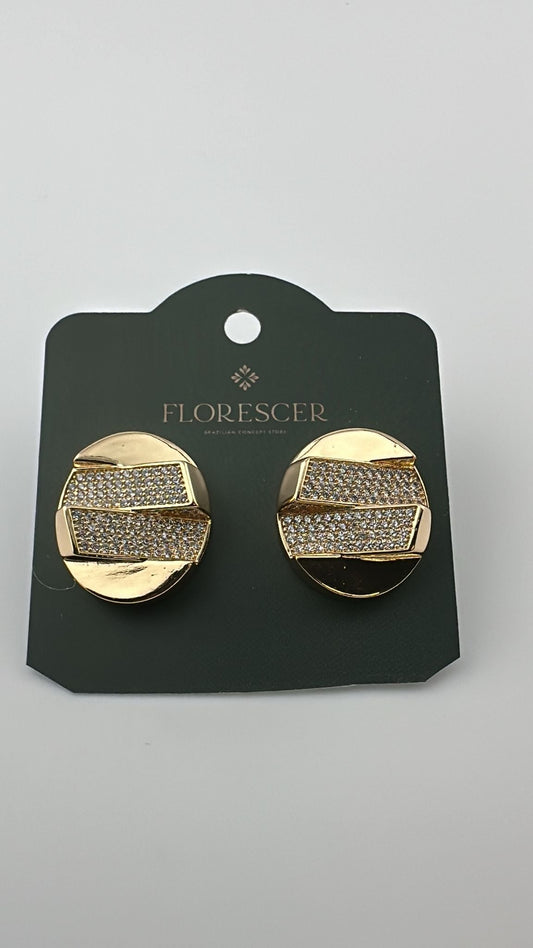 Brinco Semijoia Esfera Redonda – Design com Linhas e Zircônia, Banho de Ouro 18K