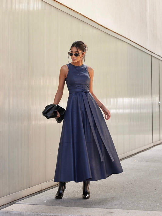Vestido Longo em Efeito Couro- Azul Marinho/Chumbo