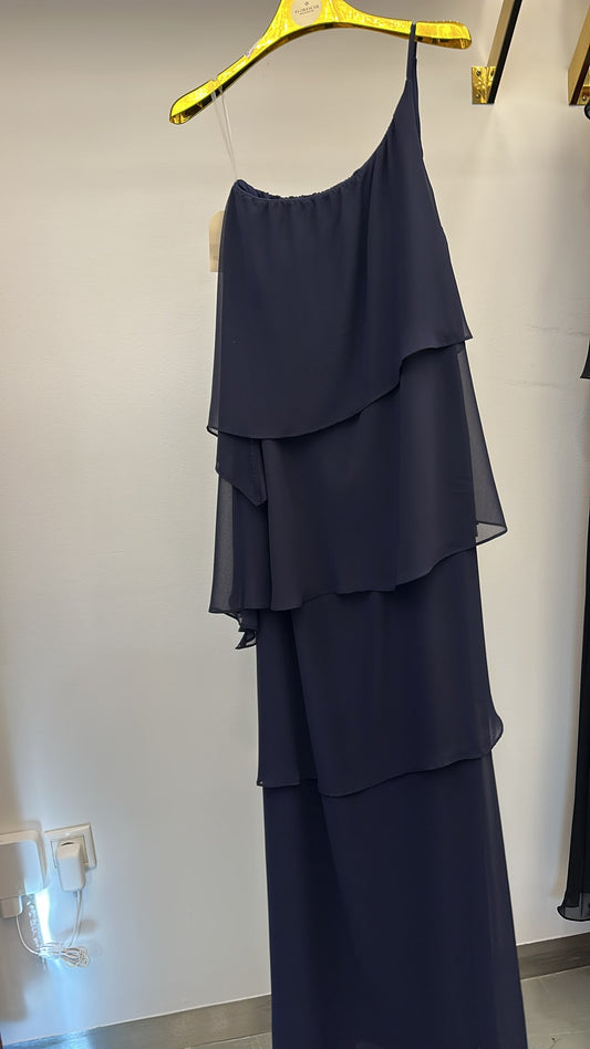 Vestido Longo Um Ombro Só com Camadas –Azul Marinho