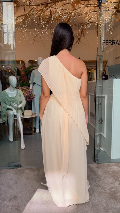 Vestido Longo de Festa Um Ombro Só com Sobreposição Plissada