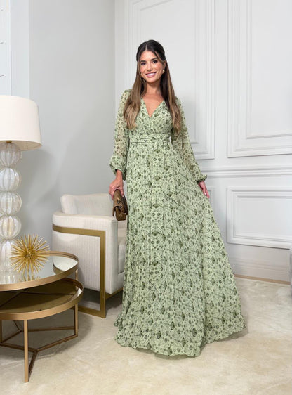 Vestido Longo Plissado Floral – Verde Musgo