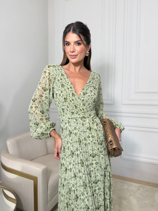 Vestido Longo Plissado Floral – Verde Musgo