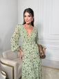 Vestido Longo Plissado Floral – Verde Musgo