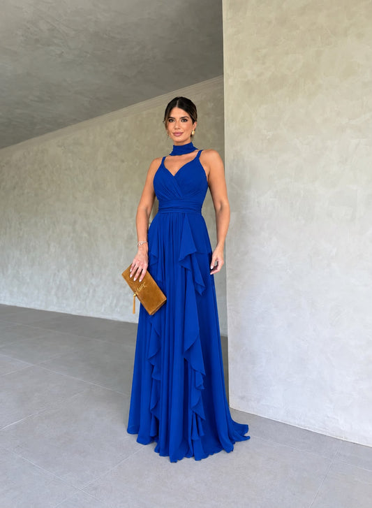 Vestido Longo de Festa em Chiffon Fluido com Babados em Cascata