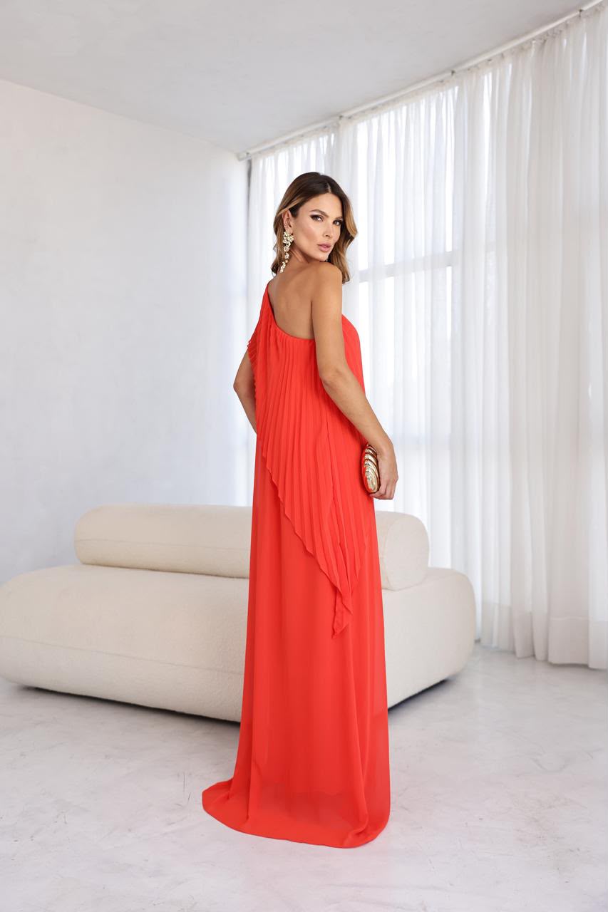 Vestido Longo de Festa Um Ombro Só com Sobreposição Plissada