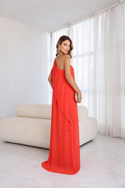 Vestido Longo de Festa Um Ombro Só com Sobreposição Plissada