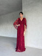 Vestido de Festa Longo em Renda com Decote em V e Mangas Capa