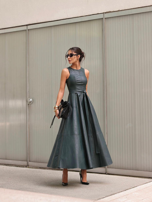 Vestido Longo em Efeito Couro -Verde Militar Escuro