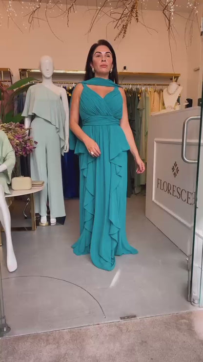 Vestido Longo de Festa em Chiffon Fluido com Babados em Cascata