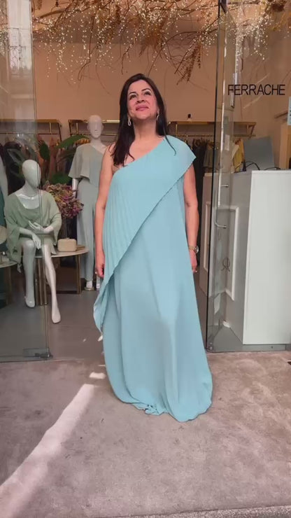 Vestido Longo de Festa Um Ombro Só com Sobreposição Plissada