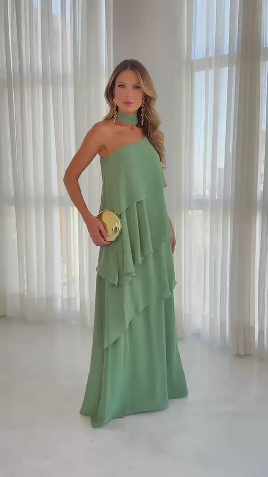 Vestido Longo Um Ombro Só com Camadas – Verde Oliva
